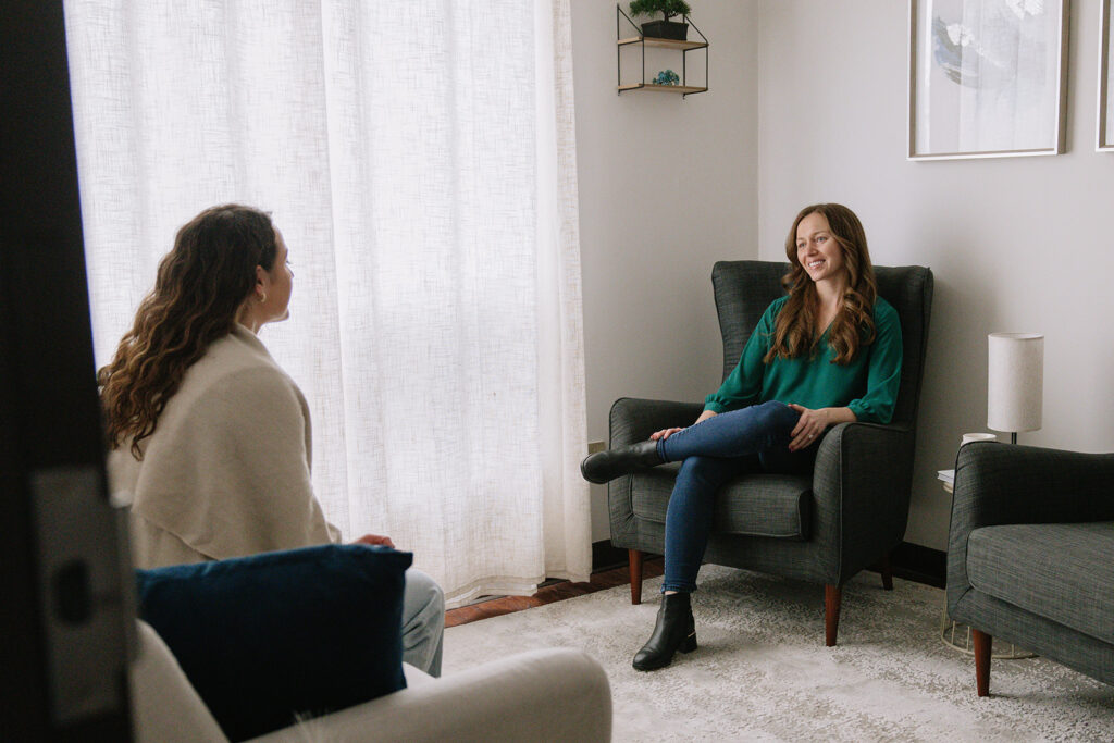 Therapist meeting with a client in a calm counselling space at The Mindful Place in Cambridge Ontario.